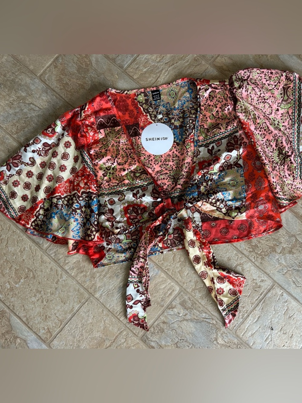 SHEIN Vacay Women’s XL Red Multi Shrug Tie Top NEW